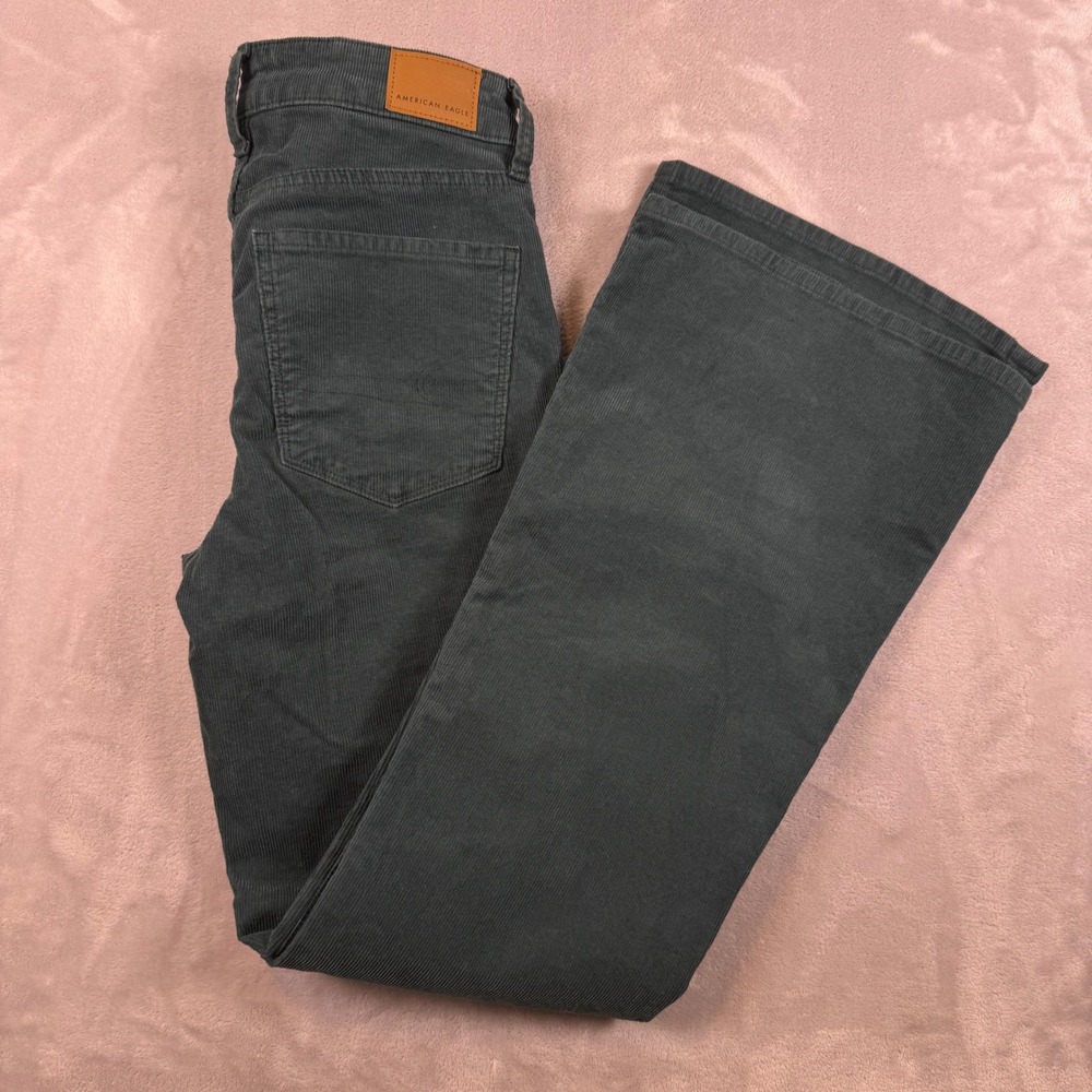 American Eagle Super Hi-Rise Flare Corduroy Pants Dark Teal Green Button Fly 2R